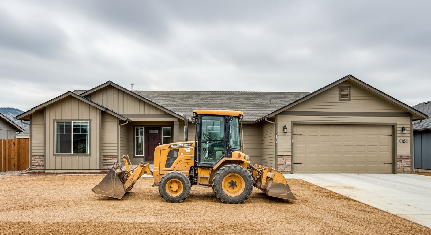 A freshly graded residential driveway on a sloped Snohomish County property, showing a smooth, compacted soil base with a visible cross-slope ready for surface material installation. Heavy tree coverage and wet ground conditions typical of the Pacific Northwest are visible in the background.