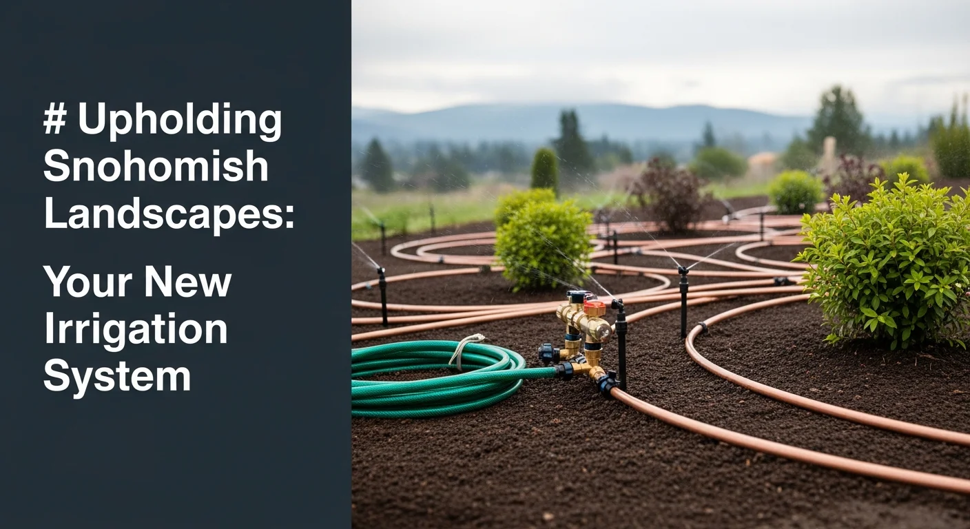 A residential backyard in Snohomish County with an in-ground sprinkler system running across a green lawn bordered by planted garden beds. Sprinkler heads are visible at turf level with water arcing evenly across the grass during a dry summer morning.