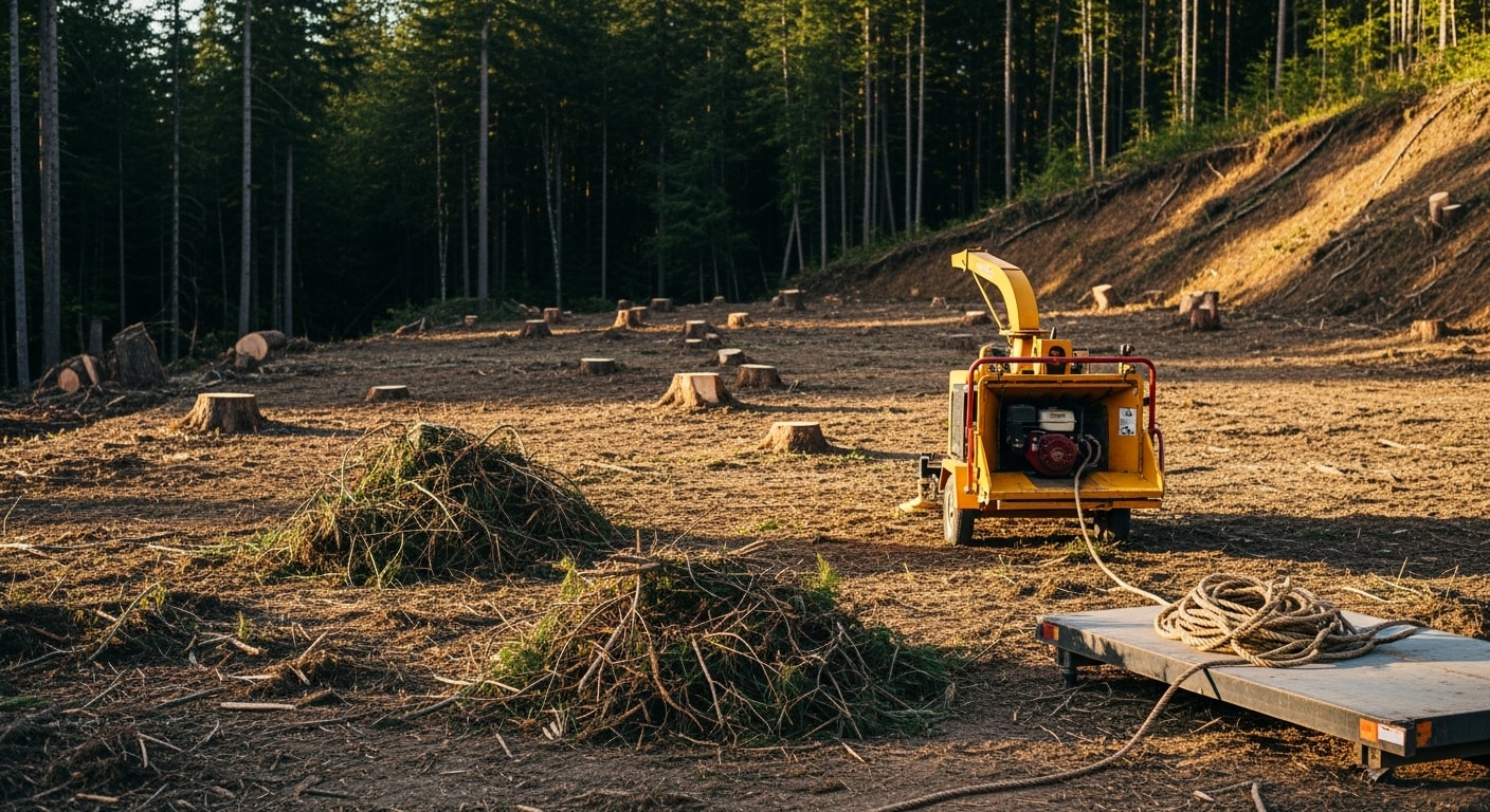 A Snohomish County residential lot after land clearing, showing stumps and brush removed and a level open ground surface ready for construction. Surrounding Pacific Northwest tree line remains intact at the property edge.