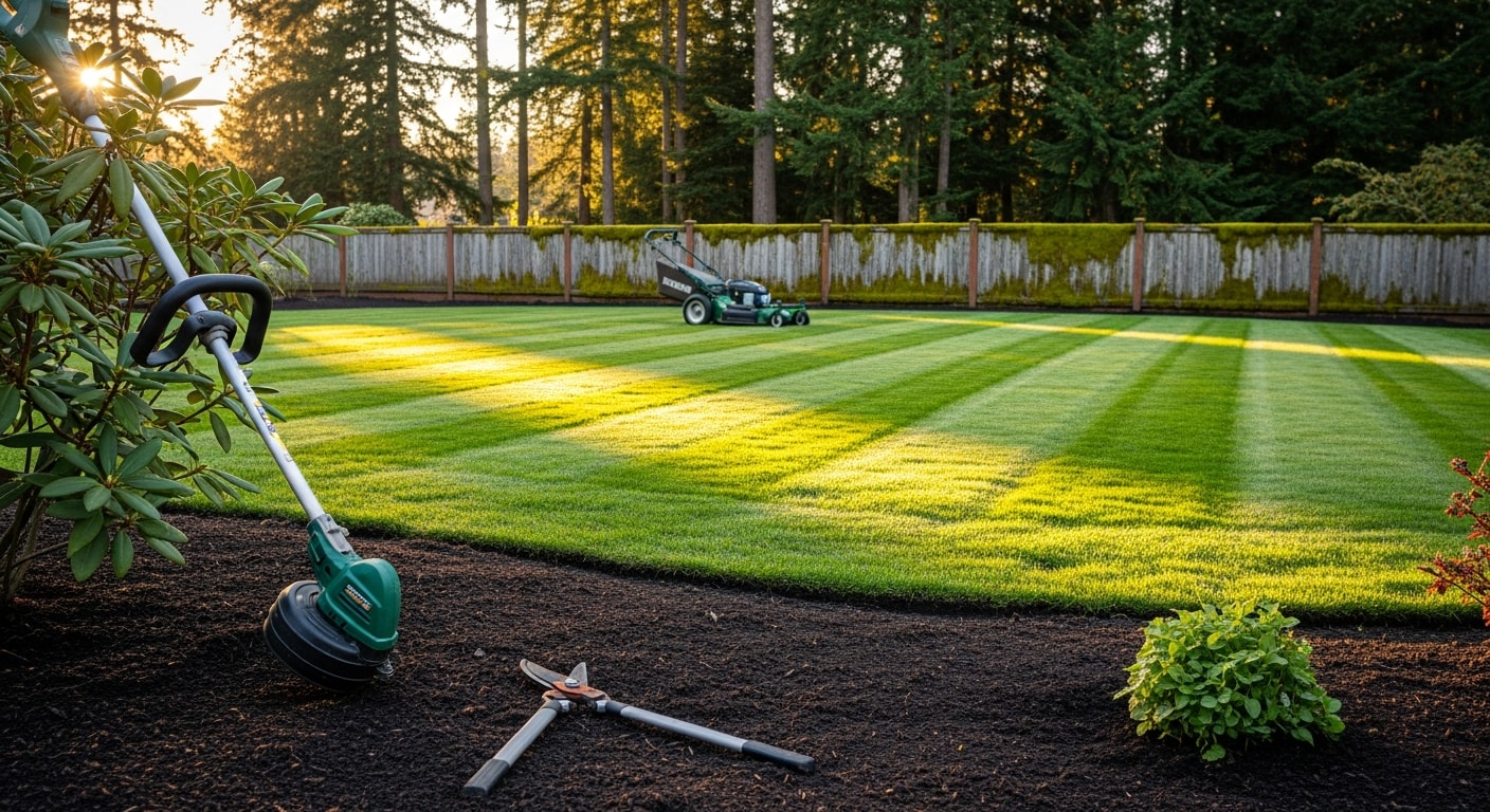 A well-maintained residential lawn in Snohomish County with neatly edged turf, trimmed shrubs, and clean garden beds after a professional landscape maintenance visit. The yard shows no visible moss, overgrowth, or debris along the lawn borders.