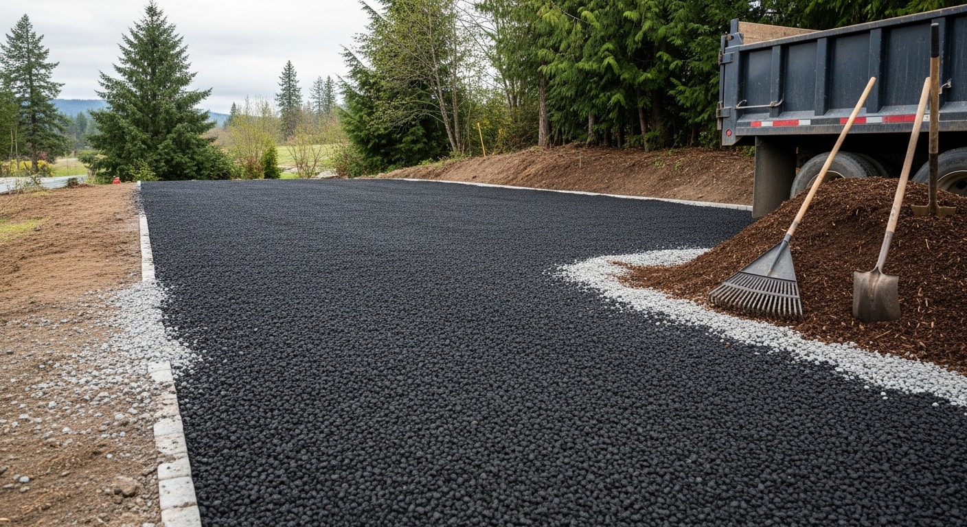 A Summit Landscape Company crew spreading gravel and drainage rock along a residential driveway in Snohomish County, Washington. The property shows freshly graded ground cover with a dump truck visible in the background on a gray Pacific Northwest winter day.