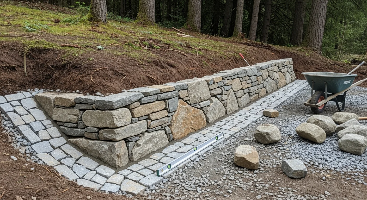 A natural stone rockery built on a sloped residential backyard in Snohomish County, Washington, with fitted boulders holding a terraced planting bed above a lawn area. The rockery steps up the grade in two levels with ground cover plants tucked between the stones.