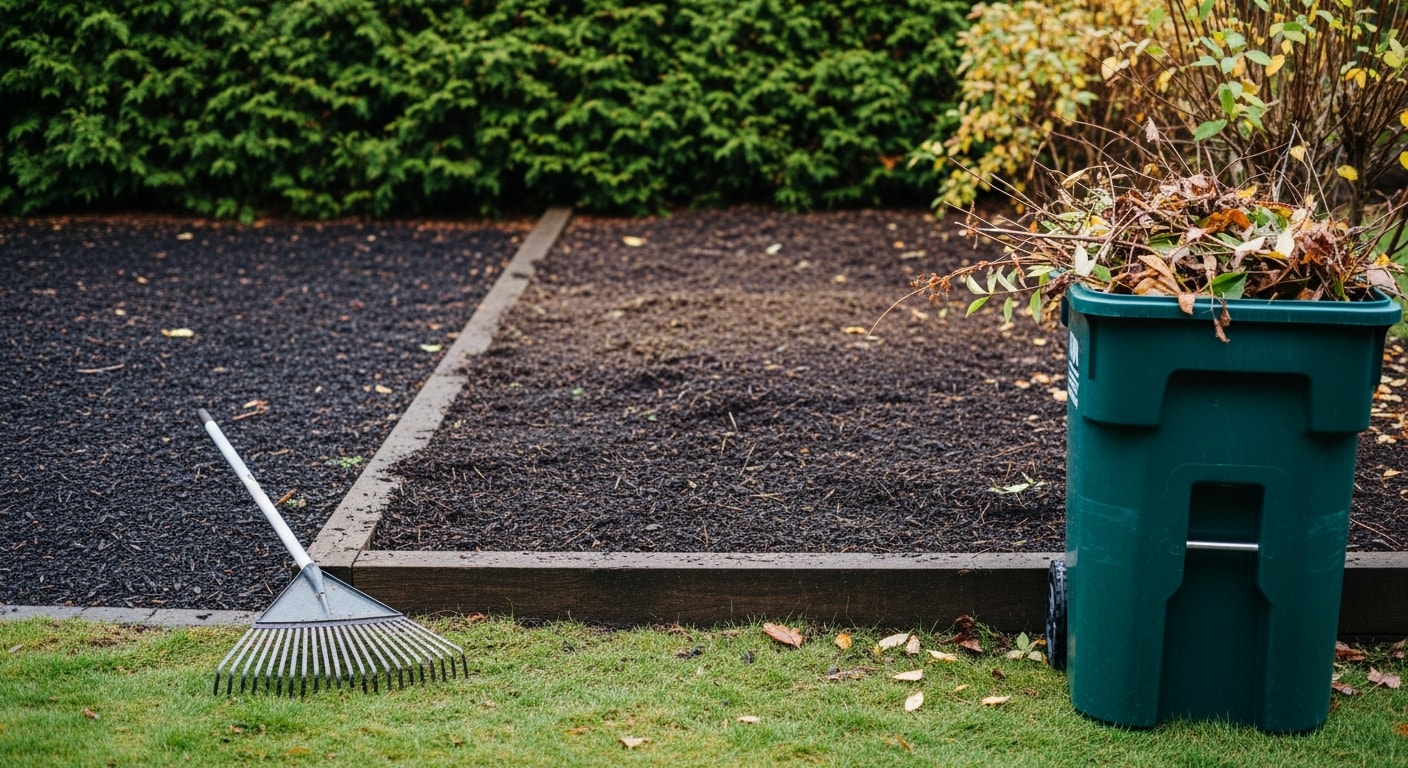 A Snohomish County residential yard after seasonal property cleanup, showing cleared garden beds, raked lawn free of leaf debris, and neatly edged borders. Yard waste bags are staged near the curb for removal.