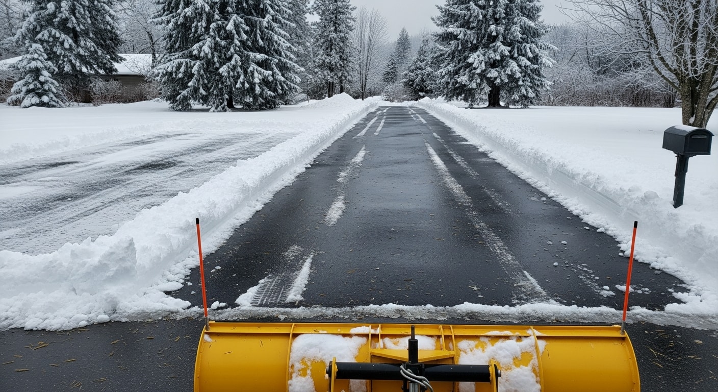 A residential driveway in Snohomish County, Washington, cleared of snow with clean plow lines pushed to the sides and the garage apron fully exposed. Surrounding lawn areas show several inches of fresh snow typical of a western Washington winter storm.